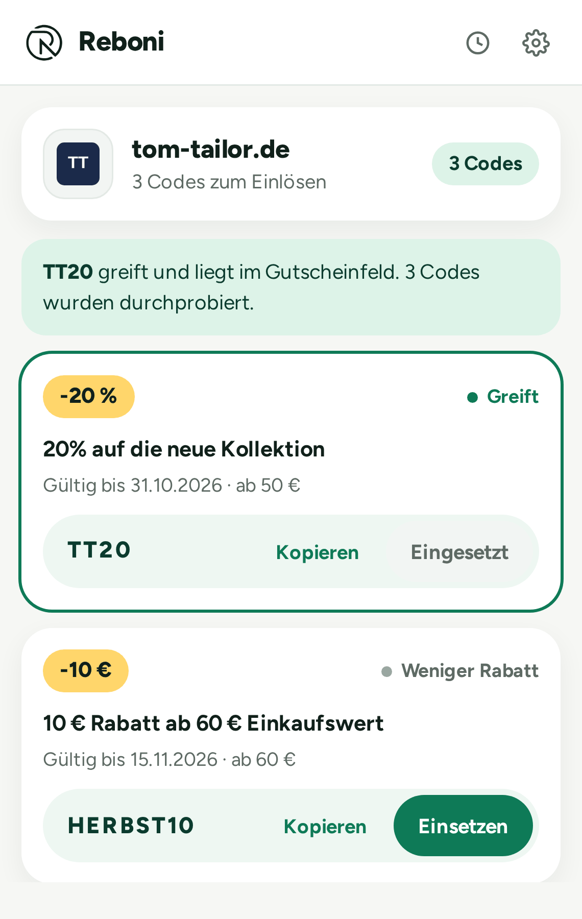 Die Reboni-Erweiterung bei Tom Tailor: der Code TT20 greift und steht im Gutscheinfeld